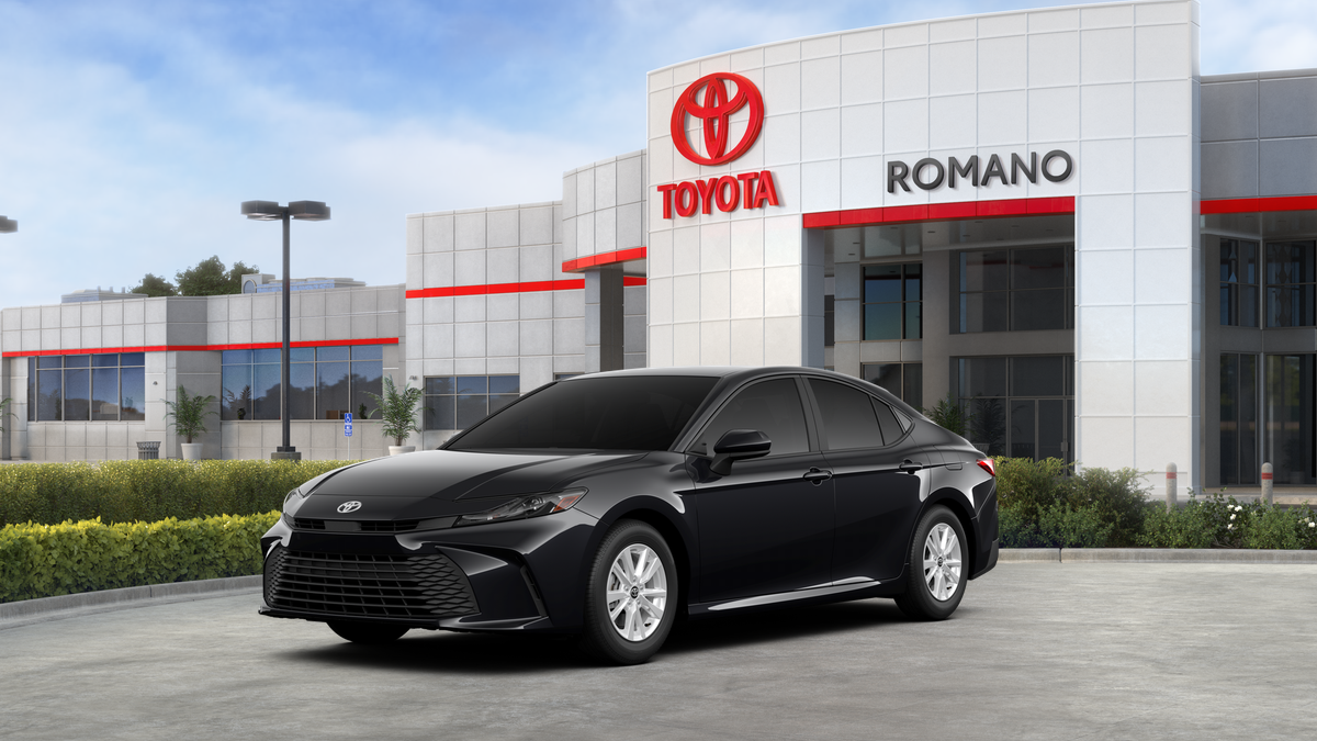 2026 Toyota Camry LE in Midnight Black Metallic — front three-quarter view